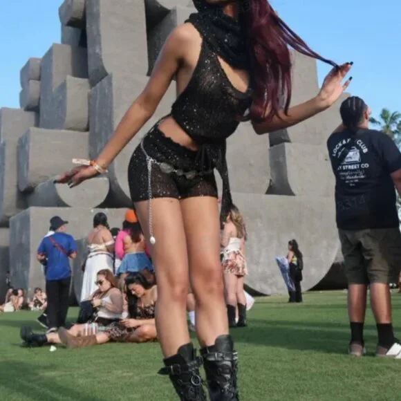 Hooded Boho Sequin Mesh Asymmetrical Matching Black Set Shorts Festival Rave NWT - Picture 4 of 5